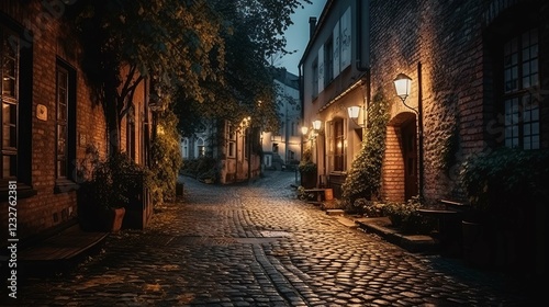 Charming Cobblestone Street Illuminated by Warm Street Lamps in a Quiet Evening Neighborhood