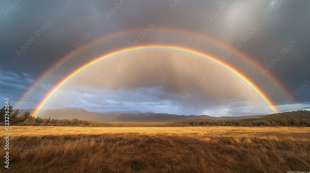 Naklejka premium Double Rainbow over Mountain Meadow Sunset