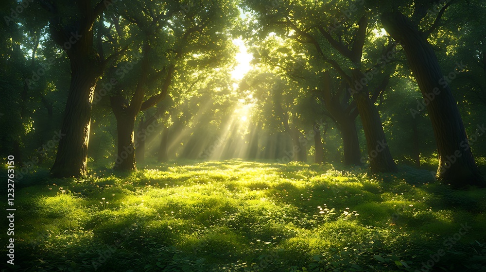 Obraz premium Sunbeams illuminate forest path, nature background, idyllic scene, peaceful