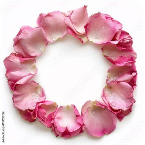 Front View, Circular Picture Frame Crafted from Soft Pink Rose Petals with Dewdrops, Fresh and Ethereal photo