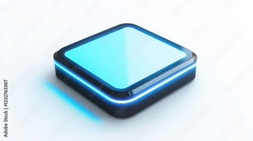 Square blue button with glowing light on a neutral background for user interface design Square blue button with glowing light on a neutral background for user interface design