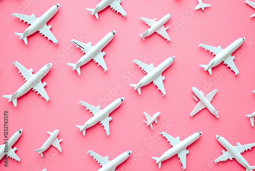 A creative composition showcasing a passenger plane on a pastel pink background, perfect for summer travel or vacation patterns