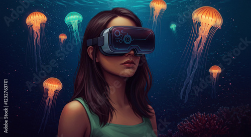 woman immersed in a virtual reality with jellyfish around her on the seabed, futuristic virtual reality glasses