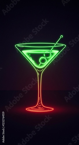 martini glass with olives, neon illustration of cocktail on black background