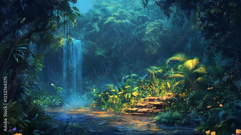 Serene Rainforest Waterfall with Lush Greenery and Misty Atmosphere Serene Rainforest Waterfall with Lush Greenery and Misty Atmosphere