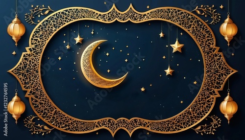 Golden crescent moon surrounded by stars in a luxurious Islamic decorative frame, embodying elegance and festivity of Ramadan nights.
 photo