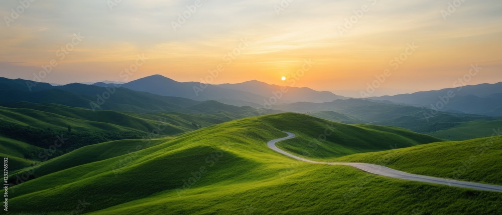 Fototapeta premium winding road through lush green hills at sunset