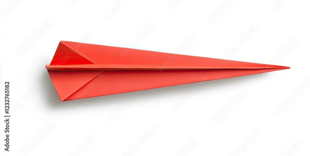 An isolated red paper plane made from origami, set against a white background An isolated red paper plane made from origami, set against a white background