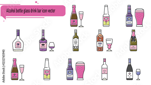 Alcohol bottle glass drink bar icon vector