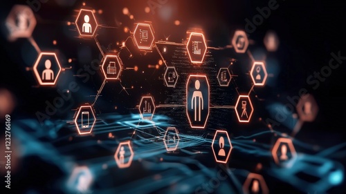 Virtual Team Strategy concept. Digital connections represented by glowing hexagons with human figures, illustrating networking and technology concepts.