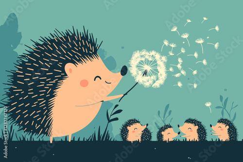 Hedgehog blowing dandelion to babies, flat vector illustration 