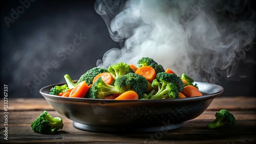 Steaming Freshness Vibrant Broccoli and Carrots in a Misty, High Contrast Culinary Close-Up.