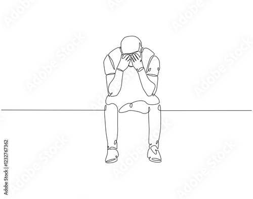 Continuous line drawing of International suicide prevention day. Single line illustration of depression men. Sad man, depressed, negative thinking concept. Editable outline