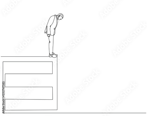 Continuous line drawing of depressed man standing edge of building. Single line illustration of International suicide prevention day. Sadness, Despair, Depression concept. Editable outline