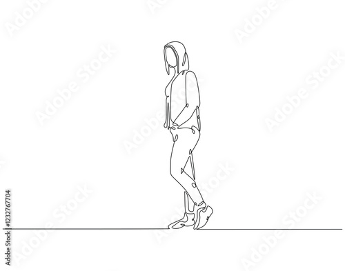 Continuous one line drawing of depressed woman walking. One line drawing illustration of national mental health day. Anxiety, frustration, depression concept line art. Editable outline