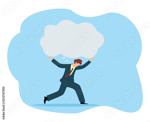 Over thinking obsessive in work. Too many problems that cannot make decision concept tried depressed. Businessman carry heavy thinking bubble burden