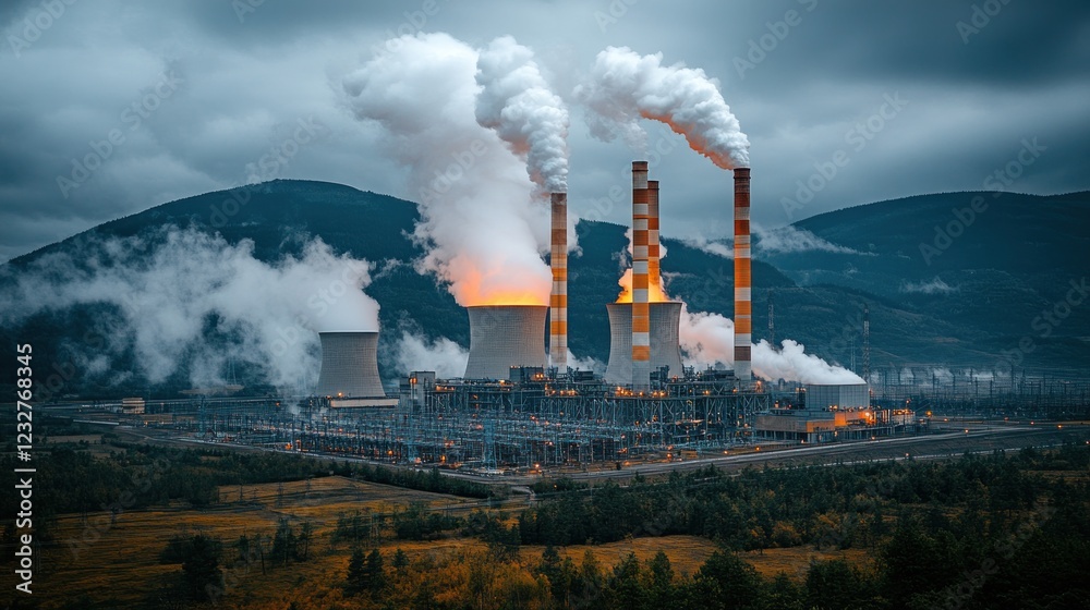 Coal power plant emitting smoke at dusk. Coal power plant emitting smoke at dusk.