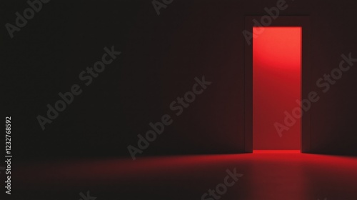 Mysterious red light emanating from an open door in a dark room