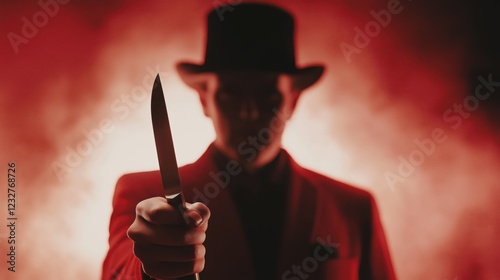 Mystery man in red suit and top hat holding knife in dramatic red lighting