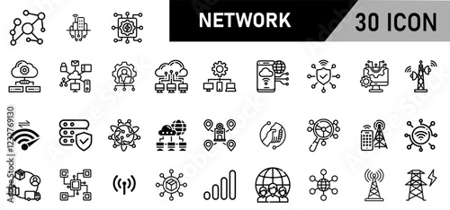 Minimalist Network Icon Pack | 30 Outline Vector Icons, Editable stroke. 