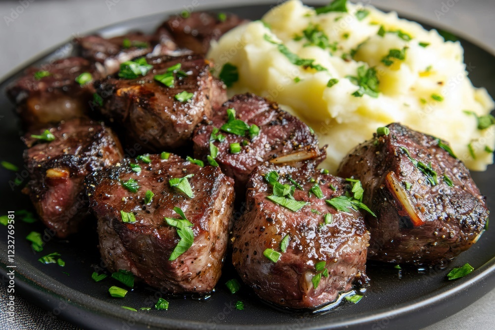 Grilled butter steak bites with mashed potatoes Grilled butter steak bites with mashed potatoes
