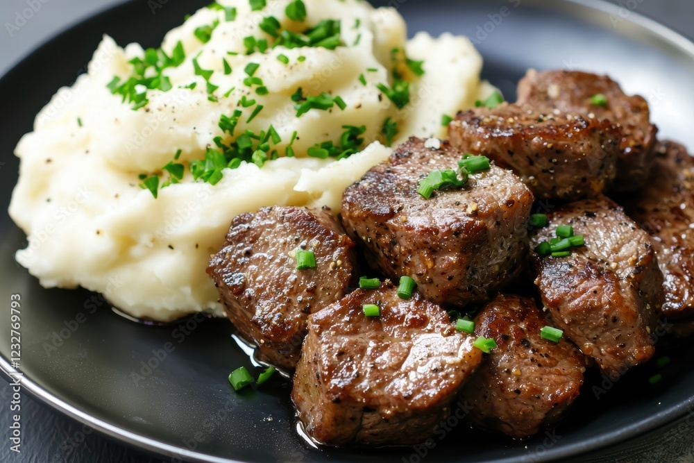 Fototapeta premium Grilled butter steak bites with mashed potatoes