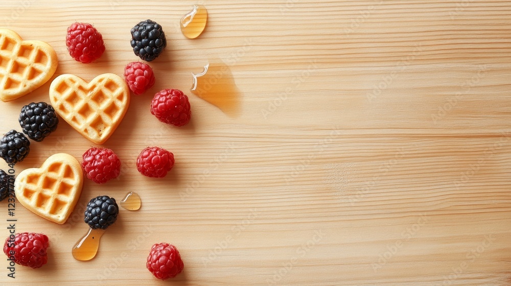 Heart Shaped Waffles with Berries and Honey on Wooden Surface Heart Shaped Waffles with Berries and Honey on Wooden Surface