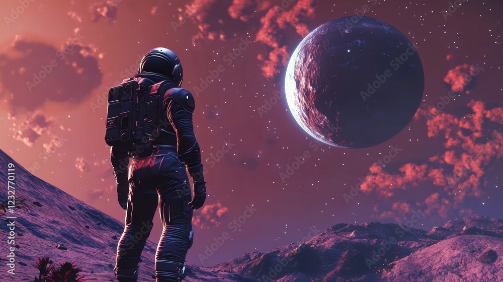 An astronaut standing on a distant planet with a galaxy in the background. An astronaut standing on a distant planet with a galaxy in the background.