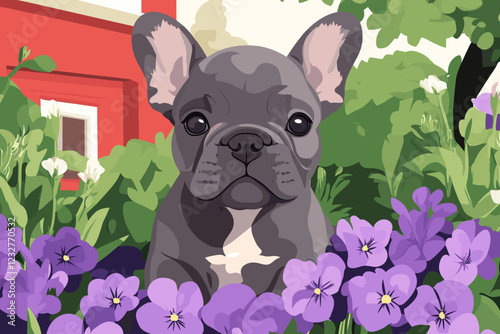 A curious French Bulldog peeks through a cluster of vibrant purple flowers, with a cozy countryside house in the background.