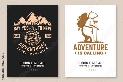 Set of hiking outdoor adventure flyer, poster, banner with hiker bear with backpack, mountain, hiking poles and pine cone. Vector.