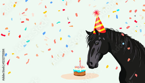  A black horse wearing a party hat stands in front of a small birthday cake, surrounded by falling confetti in a festive setting.
