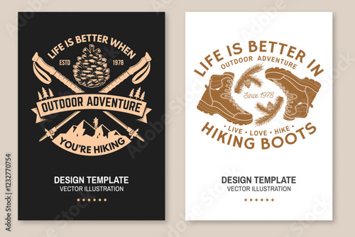 Set of hiking outdoor adventure flyer, poster, banner with human hiking boots, pine cone, mountains. Vector