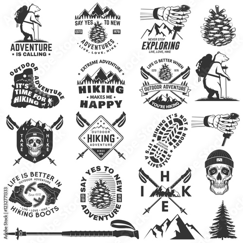 Set of hiking outdoor adventure emblems, logos, badges. Hiking related typographic quote. Design with human skeleton hand holding hiker pole, hiking boot, pine cone, mountains.