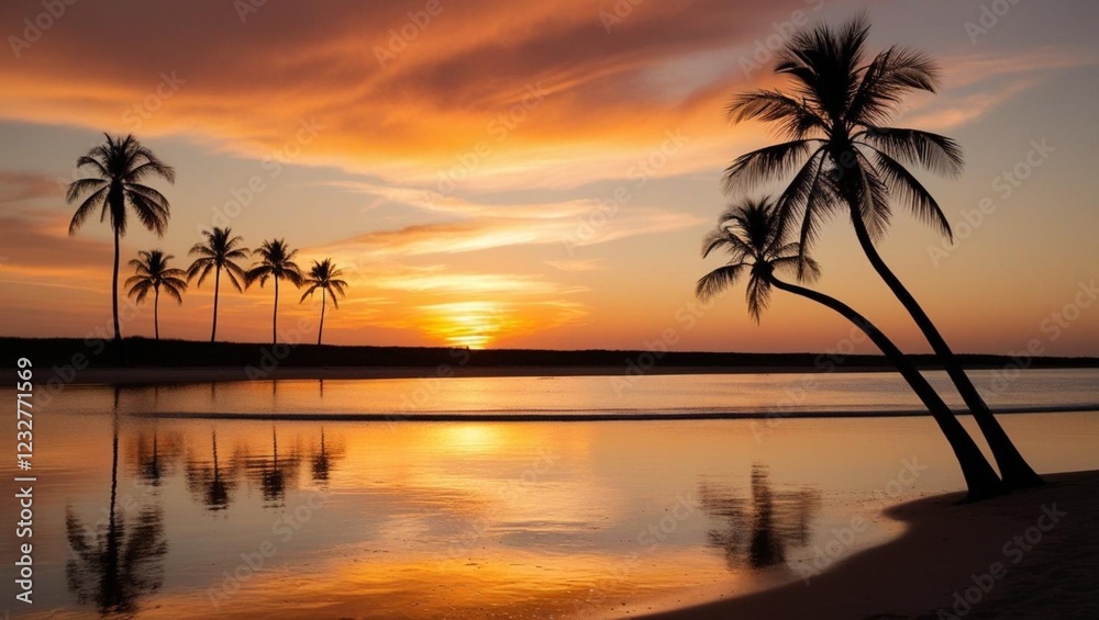 A stunning sunset over a calm beach, with golden and orange hues reflecting on the water. Palm trees are silhouetted against the sky, and waves gently touch the shore. A stunning sunset over a calm beach, with golden and orange hues reflecting on the water. Palm trees are silhouetted against the sky, and waves gently touch the shore.