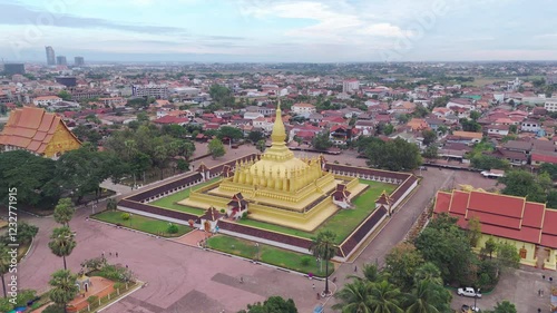 Aerial View of Pha That Luang, the Golden Stupa of Vientiane, Laos – A Sacred Buddhist Landmark