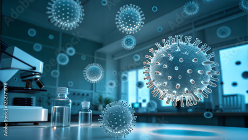 Scientific research laboratory with floating virus particles and advanced microscope technology