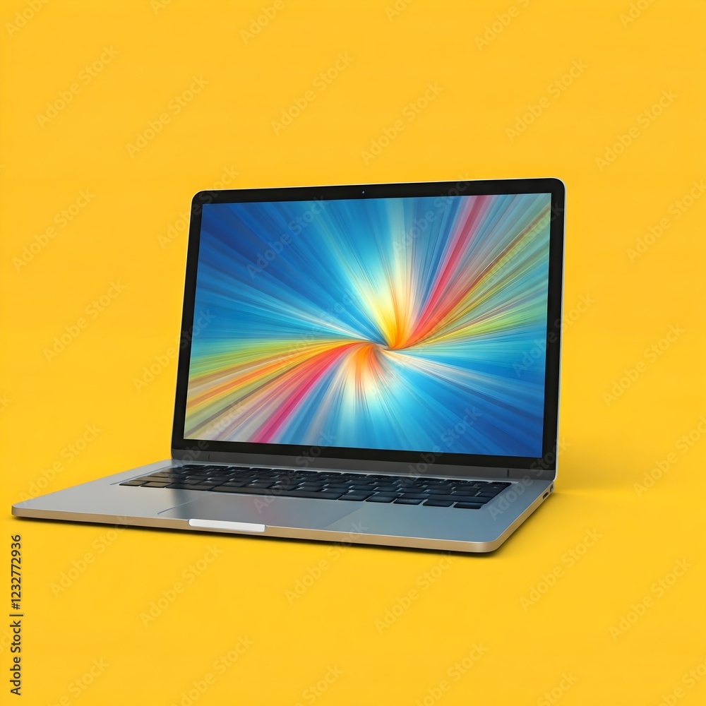 Modern slim laptop with vibrant screen on yellow background, stylish workspace setup, digital technology innovation Modern slim laptop with vibrant screen on yellow background, stylish workspace setup, digital technology innovation