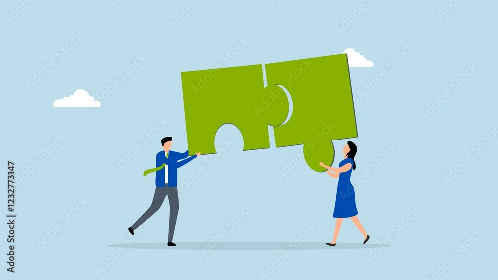 Partnership working together for success, 4k animation of businessman and woman associate link jigsaw puzzle. Partnership working together for success, 4k animation of businessman and woman associate link jigsaw puzzle.