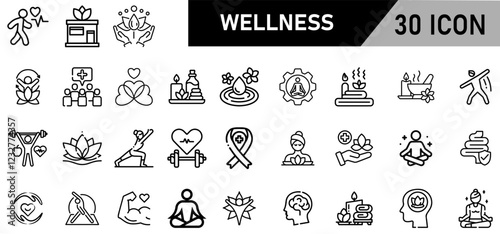 Minimalist Wellness Icon Pack | 30 Outline Vector Icons, Editable stroke. 
