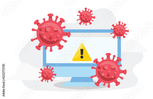 Desktop with virus detected alert vector, modern flat design style