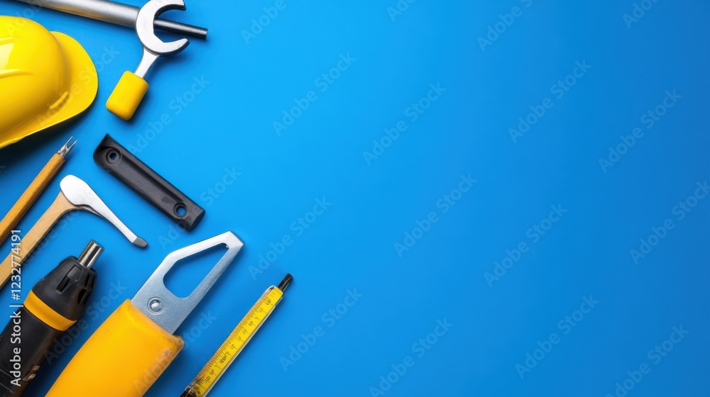 A Collection of Construction Tools on a Bright Blue Background Ready for Use in Home Improvement Projects and Professional Craftsmanship with Essential Equipment for Builders A Collection of Construction Tools on a Bright Blue Background Ready for Use in Home Improvement Projects and Professional Craftsmanship with Essential Equipment for Builders