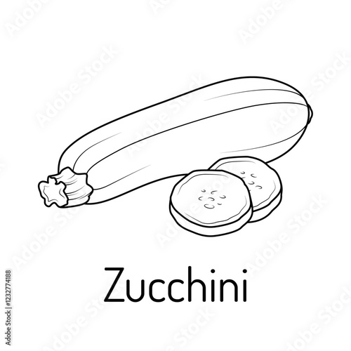 Black and white vector illustration of zucchini with slices. Simple line art design, ideal for food-related projects, recipes, botanical designs, coloring books, and educational materials.