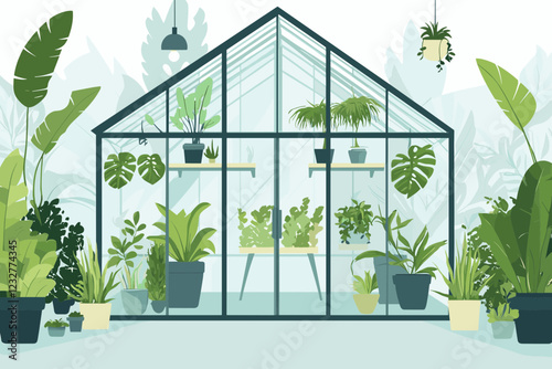 A beautifully detailed vector illustration of a modern glass greenhouse filled with tropical plants, potted greenery, and a peaceful indoor garden setting.