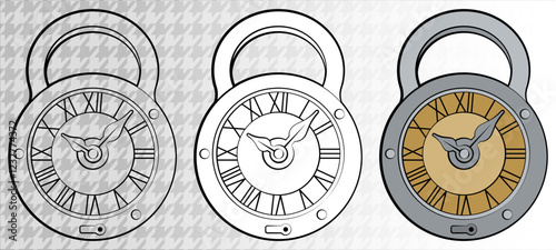 Vector illustration. Padlock. Lock in the shape of a clock. Padlock decorated with a dial. Roman numerals.