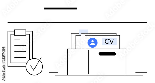 CVs inside a document box with checklist marked complete. Ideal for hiring, HR management, job search, recruitment, documentation, candidate review, abstract line flat metaphor