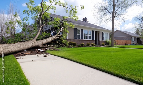 Tree falls on house, suburban yard, storm damage, insurance claim