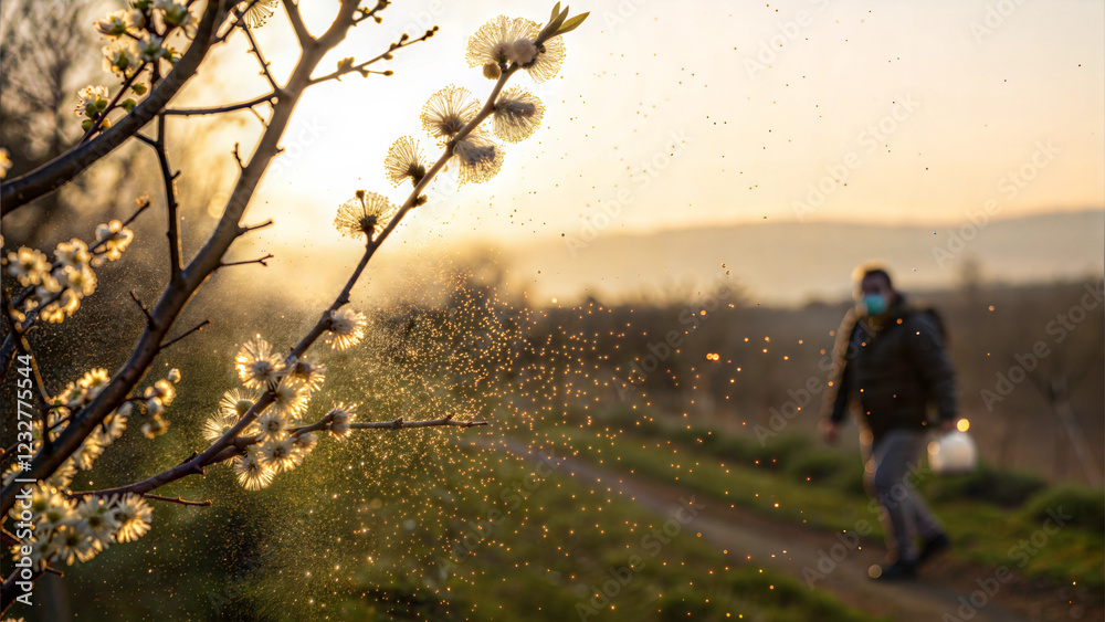 Naklejka premium A person walking through a pollen-filled park during golden sunset light