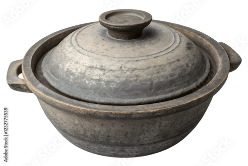 Earthenware Casserole Dish with Lid: A rustic, handcrafted earthenware casserole dish with a lid, showcasing a mottled grey and brown glaze. photo