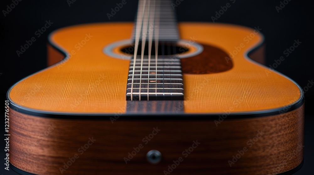 Fototapeta premium Acoustic guitar, close-up, dark background, music (1)