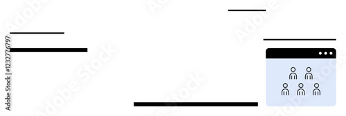 Web interface window displaying team avatars, geometric shapes, and lines. Ideal for remote work, virtual meetings, online tools, digital collaboration, teamwork, modern UI abstract line flat